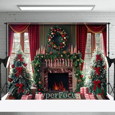 Green Fireplace Red Curtain Christmas Vibe Backdrop - Aperturee