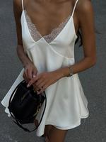 Women's Lace Trim Double Cami Dress, Solid Color Sleeveless Dress for Party Club Dating Wear, Ladies Spaghetti Strap Clothes ...
