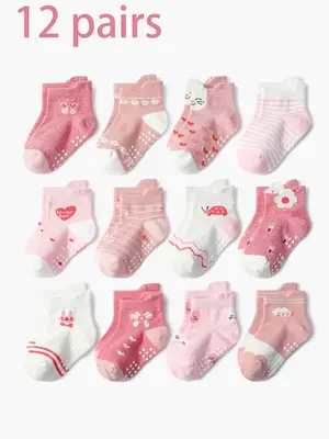 Baby's Cartoon Animal & Floral Print Crew Socks, Cute Non-slip Socks for Infant Toddler, Newborn Baby Socks