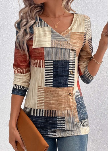 Modlily Light Camel Asymmetry Plaid Long Sleeve T Shirt - L