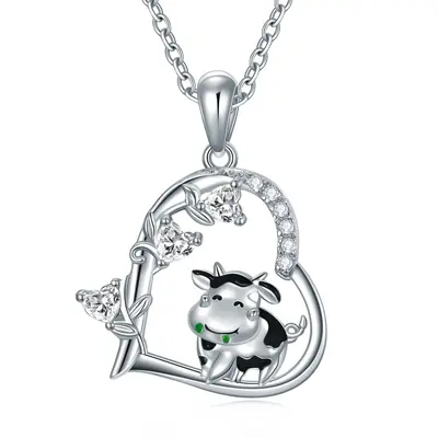 Sterling Silver Cow & Heart Pendant Necklace Cz Ivy Jewelry Gift For Girl