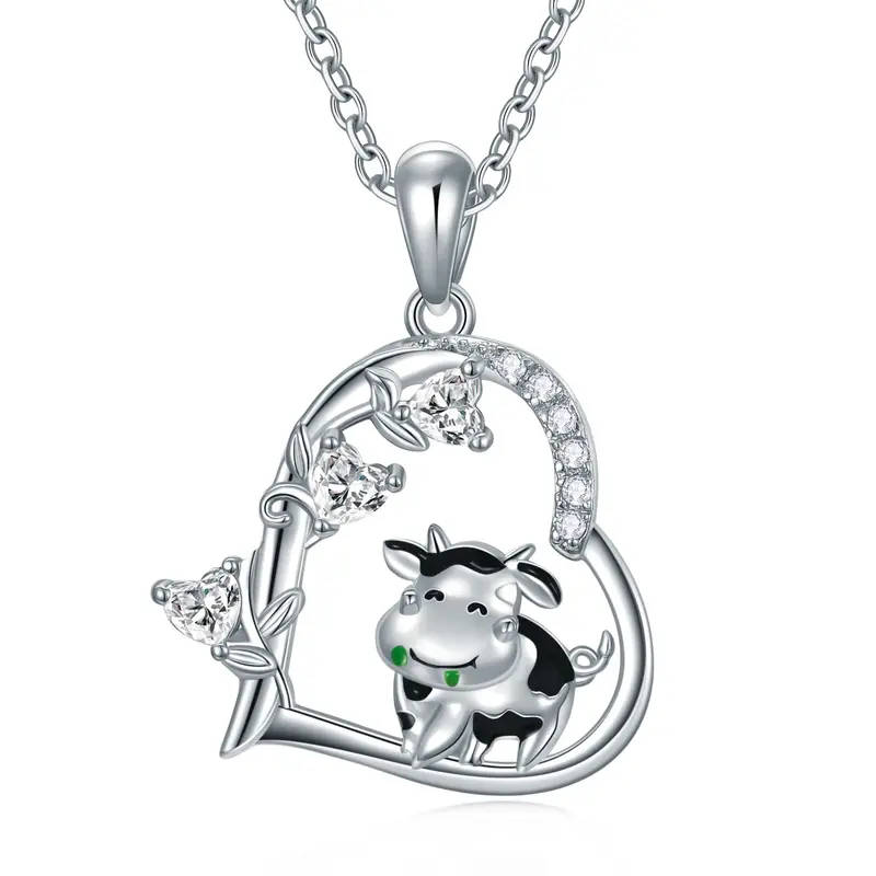 Sterling Silver Cow & Heart Pendant Necklace Cz Ivy Jewelry Gift For Girl