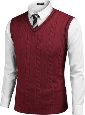 V Neck Sleeveless Knitted Pullover Vest Sweater (US Only), Wine Red / L