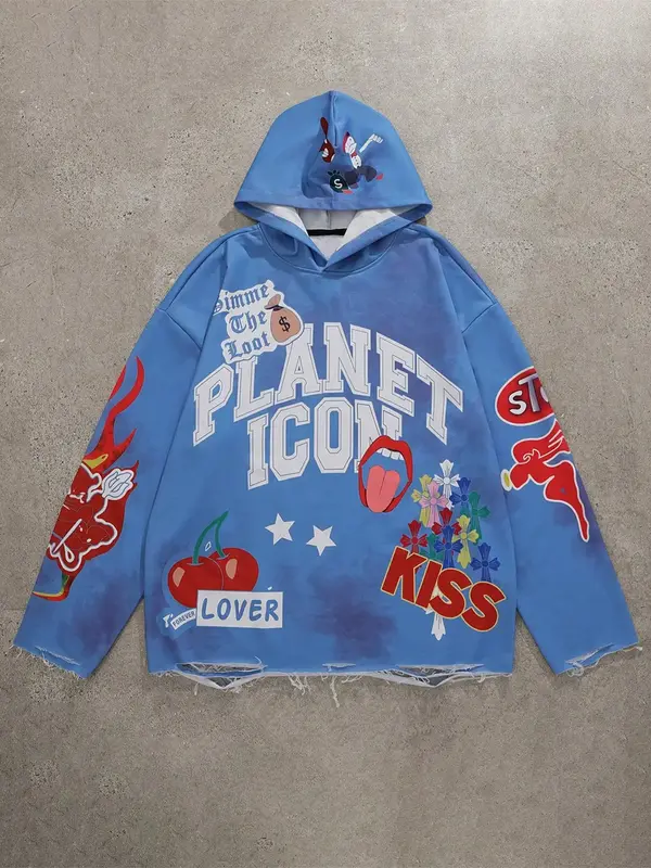 Men's Heart & Letter Print Graphic Hoodie, Regular Fit Casual Fashion Long Sleeve Hooded Sweatshirt for Daily Holiday Outdoor...