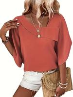 Women's Plain Petal Sleeve Blouse, Casual Basic Asymmetrical Neck Half Sleeve Top for Fall & Winter, Women's Clothing for D...