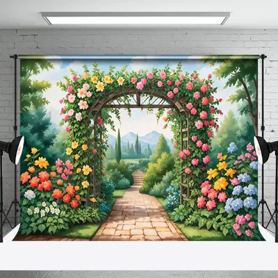 Aperturee Vibrant Garden Archway Rose Hydrangea View Backdrop