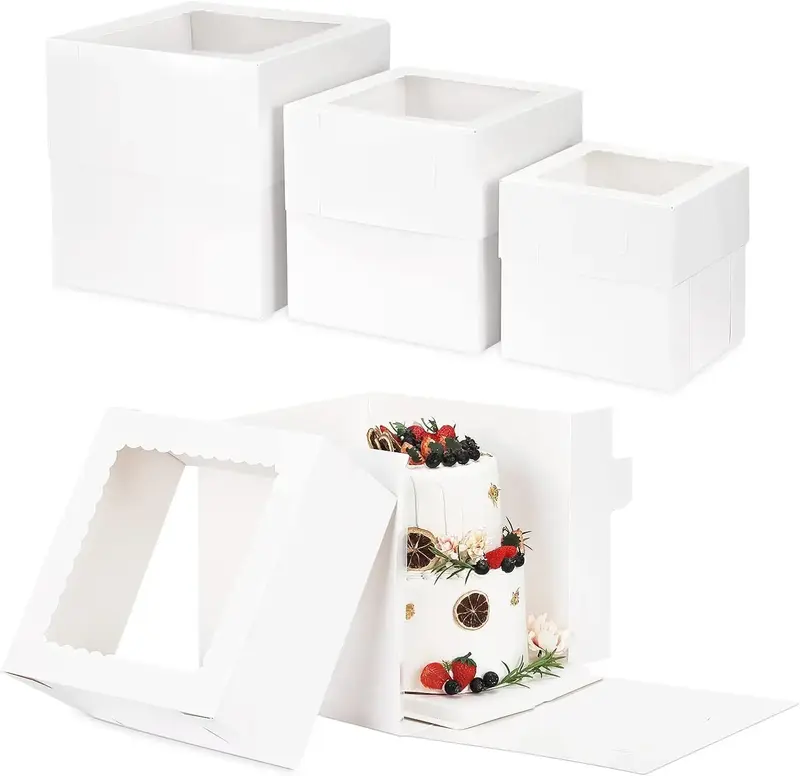12 Pcs Cake Box, Tall Cake Boxes with Window in 3 Sizes 12x12x12 10x10x10 8x8x8 Inches, Bakery Boxes Disposable Carrier Take ...