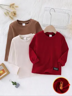 Girl's Letter Print Thermal Lined Tee, Casual Basic Long Sleeve Round Neck T-shirt for Fall & Winter, Kids Clothes for Daily ...