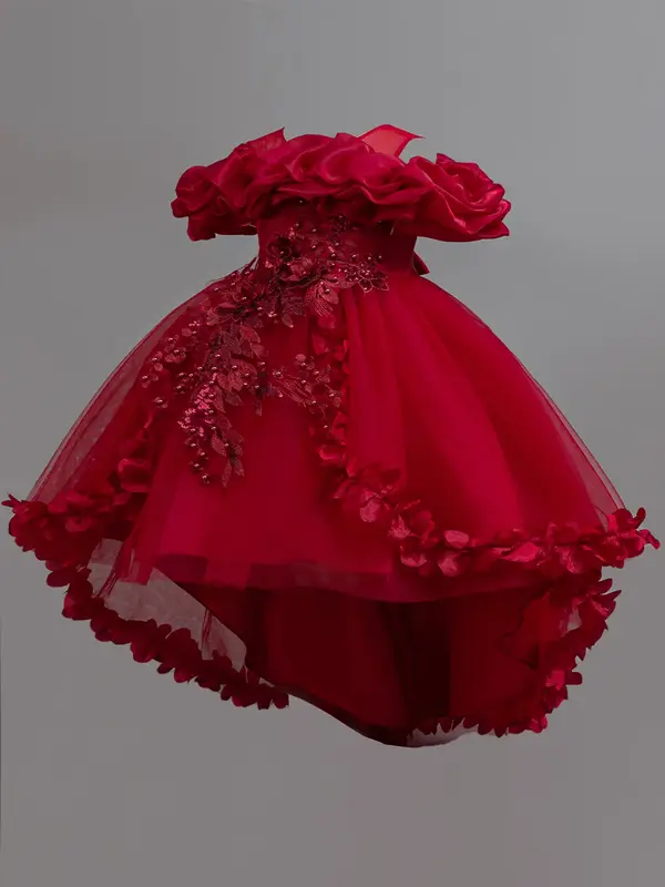 Girls Princess Sleeveless Party Dress - Cloud Sweetheart Neckline High-Low Hem Floral Embroidery with Pearl Decor, Puffy Tull...