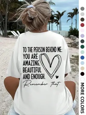Women's Letter & Heart Print Round Neck Tee, Casual Half Sleeve Drop Shoulder T-shirt for Daily Wear, Summer Outfits 2024, L...