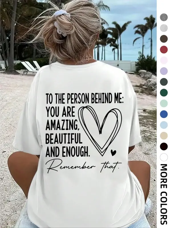 Women's Letter & Heart Print Round Neck Tee, Casual Half Sleeve Drop Shoulder T-shirt for Daily Wear, Summer Outfits 2024, L...