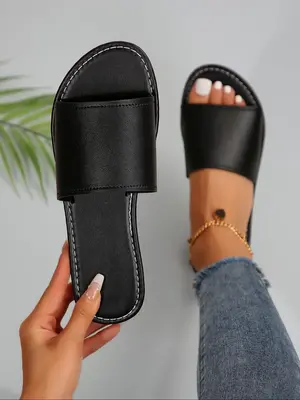Women's Fashionable Plain Color Slide Sandals, Casual Comfortable Flat Sandals for Beach, Non-slip Slippers for Indoor & Outd...