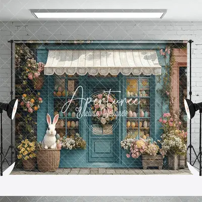 Aperturee Blue Floral Eggs Boutique Easter Backdrop For Photo, 3X2FT(1MX0.6M), 14 USD, easter backdrops, ENHD3J18-M