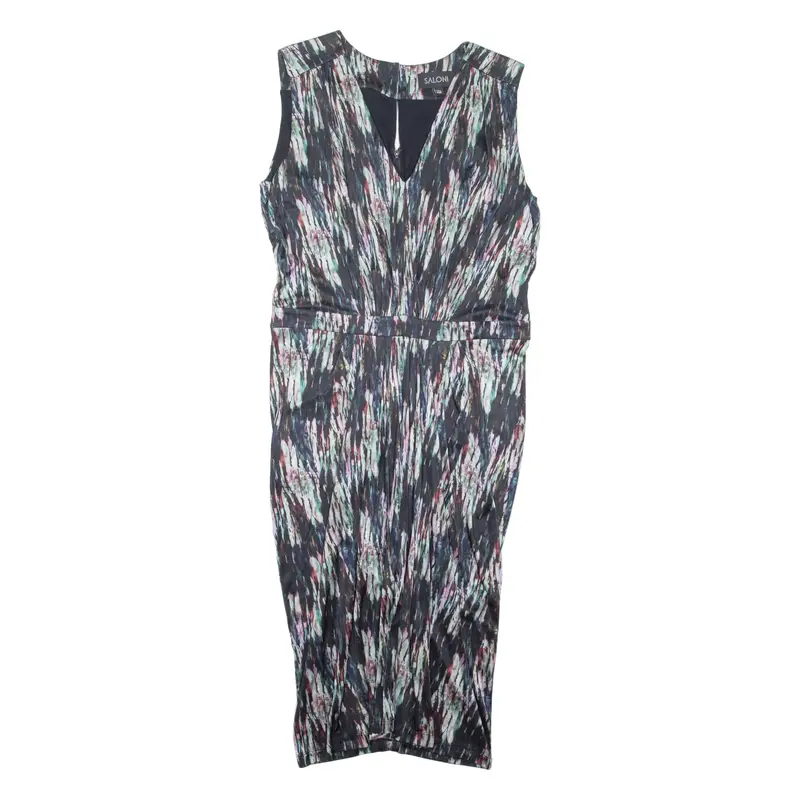 SALONI Back ruching Pencil Dress Black Crazy Pattern Viscose Sleeveless Midi Womens UK 14