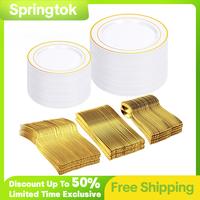 500pcs  Gold disposable Plastic Easter Dinnerware Set Includes: 100 Dinner Plates, 100 Salad Plates, 100 Gold Plastic Silverw...