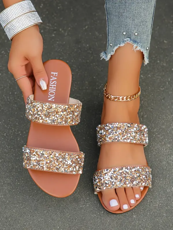 2024 Summer Women's Fashion Glittering Slip on Sandals Slippers, Casual Flat Sandals for Summer, Lightweight Breathable Comfo...