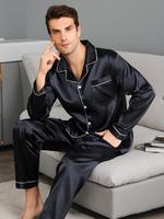 Two-piece Set Men's Plain Silk Cloth Pyjama Set, Men's Nightwear, Casual Lapel Button Front Shirt & Elastic Waist Pants, Loun...