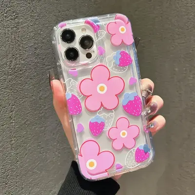 Strawberry & Flower Pattern Phone Case, Summer Decorative Phone Protector Cases, Phone Accessories Compatible with iPhone 15 ...