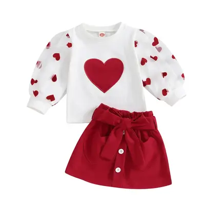 Kids Toddler Baby Girl Valentines Day Outfits Lace Long Sleeve Heart Print Sweatshirt Tops Button Mini Skirt 2Pcs Spring Sets