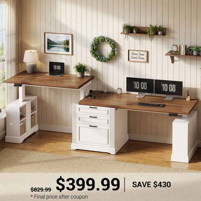 SEDETA ® 98.4 Inch Farmhouse Electric Standing Two Person Desk Height Adjustable Long Computer Desk with Storage Cabinet 3 D...