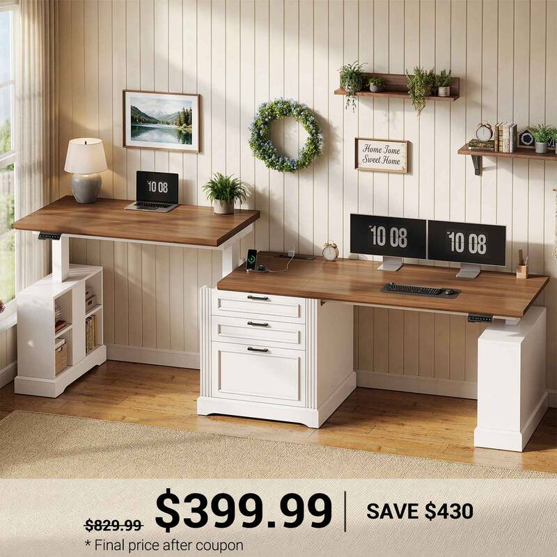 SEDETA ® 98.4 Inch Farmhouse Electric Standing Two Person Desk Height Adjustable Long Computer Desk with Storage Cabinet 3 D...