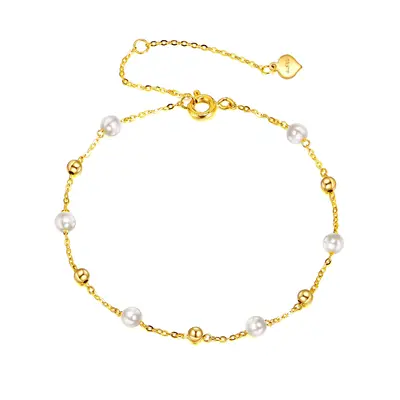 14K Gold Pearl Bead Bead Station Chain Bracelet For Women