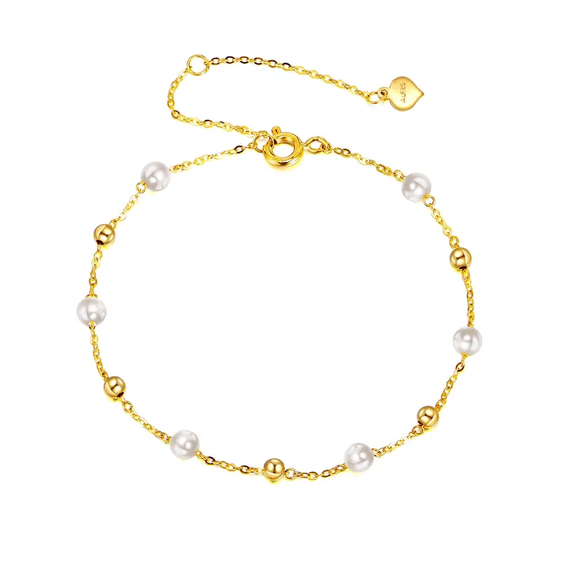 14K Gold Pearl Bead Bead Station Chain Bracelet For Women
