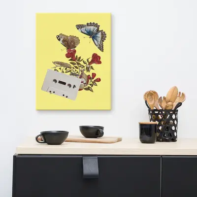 Retro Harmony - Cassette Tape & Butterflies Canvas Art