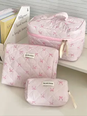 Quilted Cartoon Bowknot Pattern Makeup Bag, 2025 New Style Travel Cosmetic Storage Bag for Women and Girls, Travel Storage Ba...