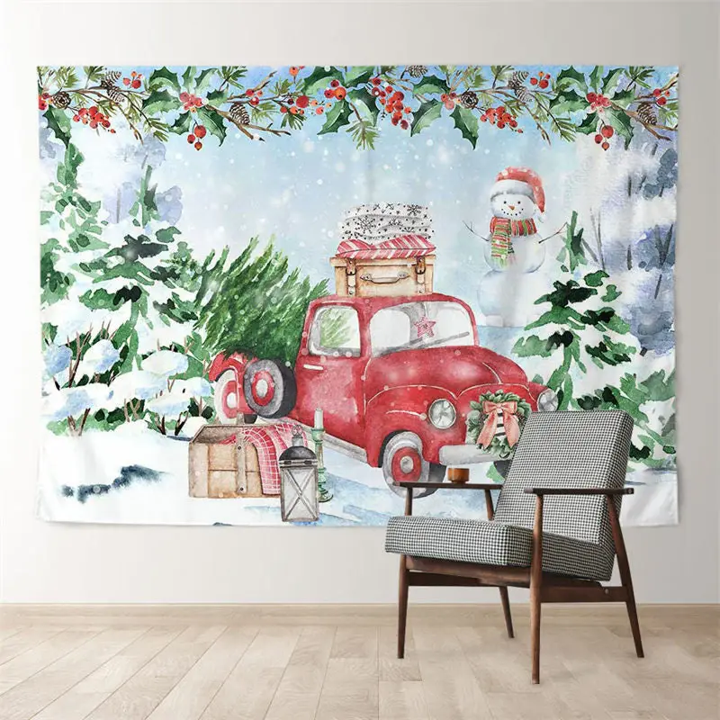Aperturee Gift Red Truck Snowman Tree Christmas Backdrop