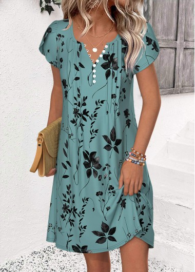 Modlily Turquoise Leaf Print Short Split Neck Dress - L