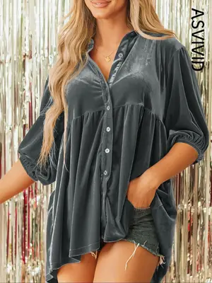 Women's Plain Bishop Sleeve Button Front High Low Hem Velvet Shirt, Casual Half Sleeve Collared Blouse for Spring & Fall, Lad...
