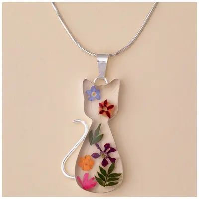 Real Flowers & Sterling Cat Necklace - with Diamond Cut Chain