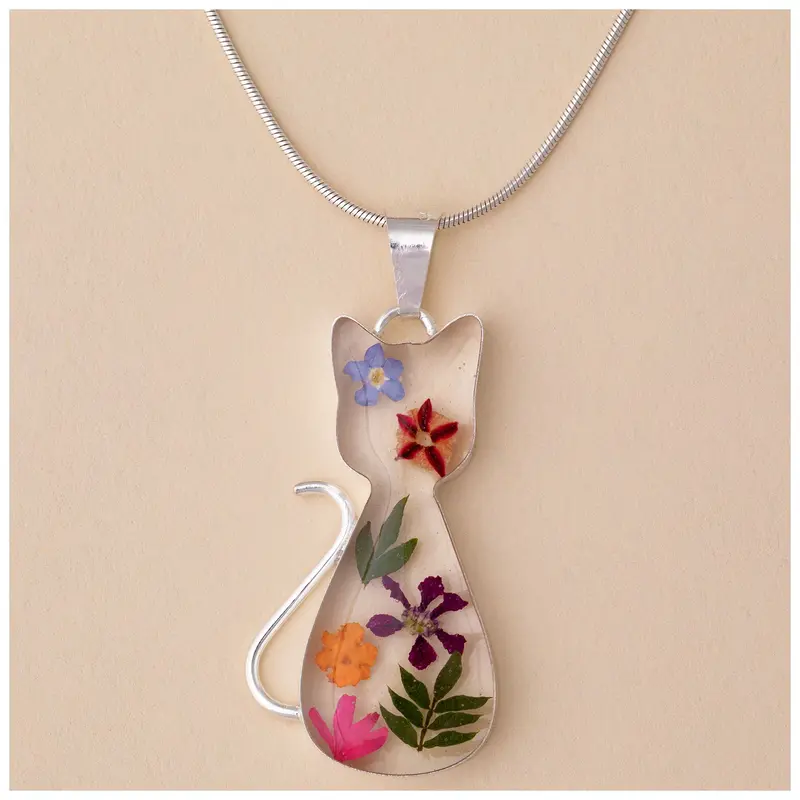 Real Flowers & Sterling Cat Necklace - with Diamond Cut Chain