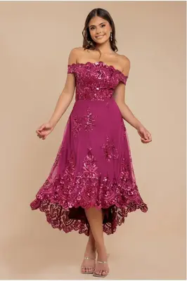 Goddiva Bardot Sequin & Lace High Low Midi - Magenta