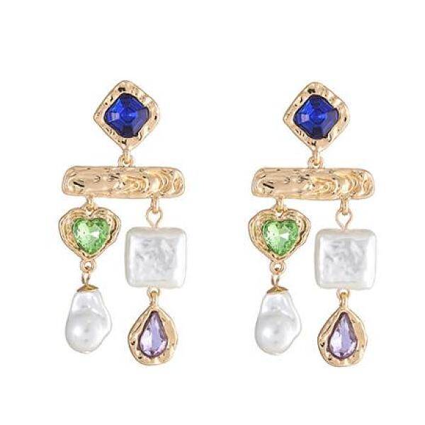Imitating Pearl & Glass Heart & Teardrop Chandelier Earrings