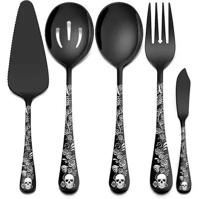 Skull Pattern Tableware Set, 5pcs/8pcs Stainless Steel Serving Spoon & Fork & Slotted Spoon & Butter Knife, Kitchen Utensils ...