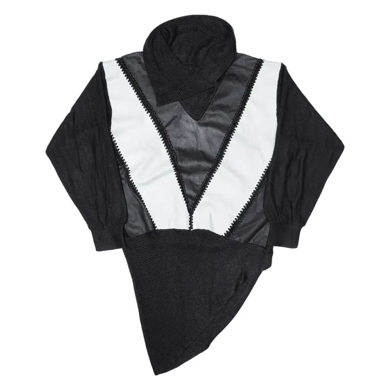 Faux Leather Front Asymmetric Jumper Black Chunky Knit V-Neck Womens L