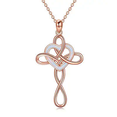 Sterling Silver with Rose Gold Plated Heart Shaped Opal Celtic Knot & Cross Pendant Necklace