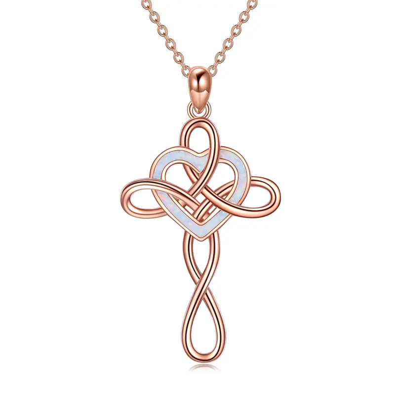 Sterling Silver with Rose Gold Plated Heart Shaped Opal Celtic Knot & Cross Pendant Necklace