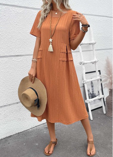 Modlily Terracotta Patchwork A Line Short Sleeve Round Neck Dress - XXL