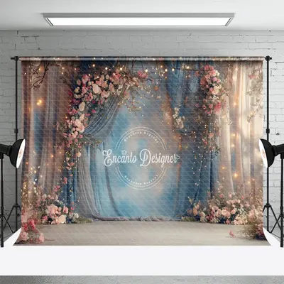 Blue Beige Curtain Dim Light Pink Floral Backdrop - Aperturee