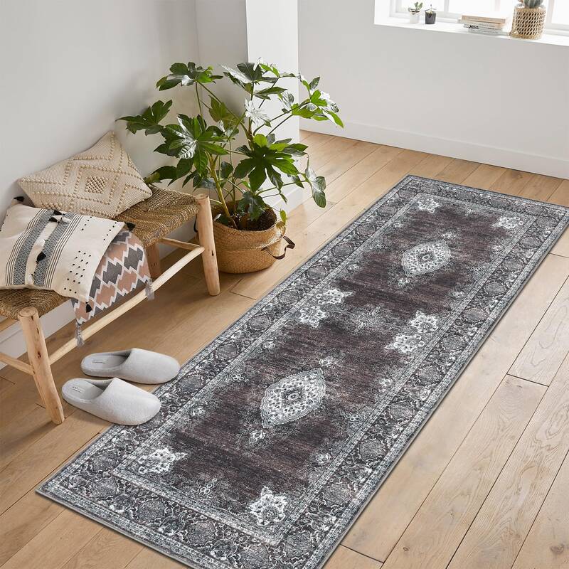 Garvee Floral Vintage Area Rug Soft Non-Slip Machine Washable Distressed Design Rust Red 2x6ft Living Bedroom Dining