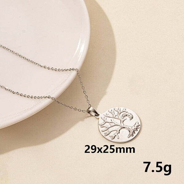 Stainless Steel Flat Round with Tree of Life Pendant Necklace