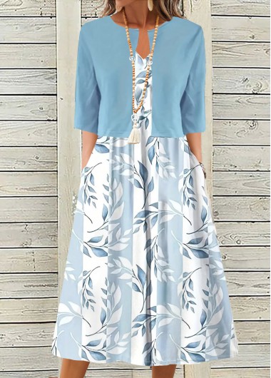 Modlily Light Blue Two Piece Leaf Print Dress and Cardigan - XL