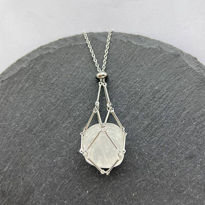 Natural Quartz Crystal Nuggets Macrame Pouch Pendant 201 Stainless Steel Chain Necklaces