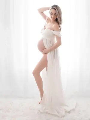 Solid Off The Shoulder Contrast Lace Split A Line Dress Maternity Dress, Elegant Butterfly Sleeve Maxi Dress for Photoshoot B...