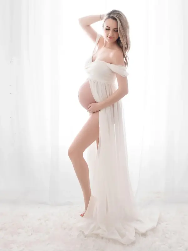 Solid Off The Shoulder Contrast Lace Split A Line Dress Maternity Dress, Elegant Butterfly Sleeve Maxi Dress for Photoshoot B...