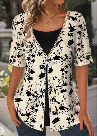 Modlily Light Camel Lace Floral Print Fake Two Piece Twinset - XXL