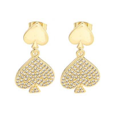 Spades Brass Pave Clear Cubic Zirconia Dangle Stud Earrings